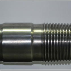 Detailed view of a metal component with polished black coating and precision threading, designed for industrial or mechanical applications.